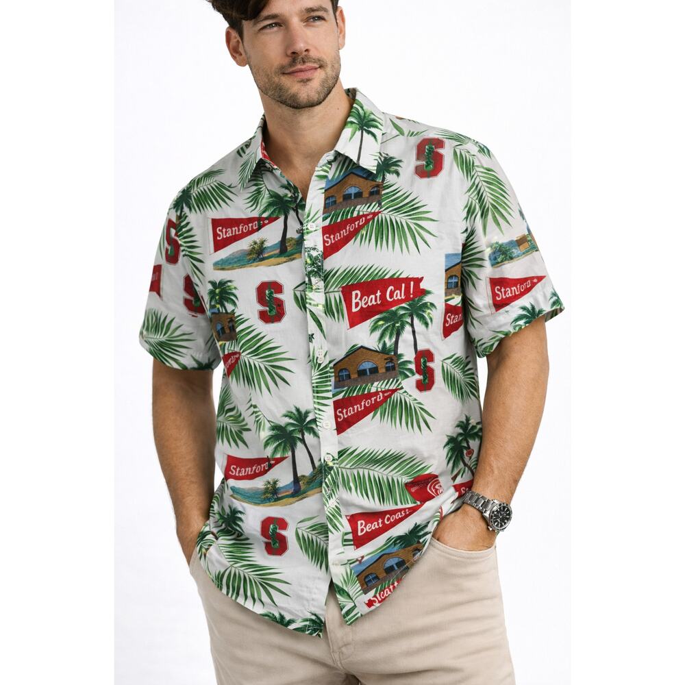 Stanford University Aloha Shirt Men’s Tropical Palm Tree “Beat Cal” Button Up L